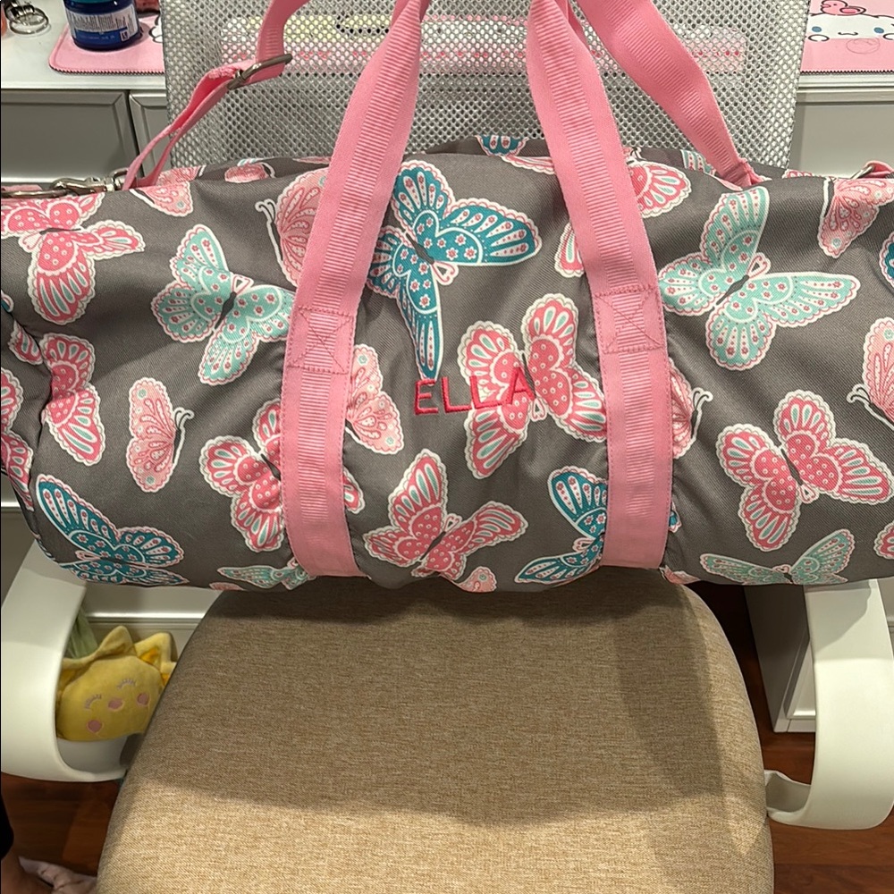 Pottery Barn Gray and Pink Travel Bag with butterfly Design